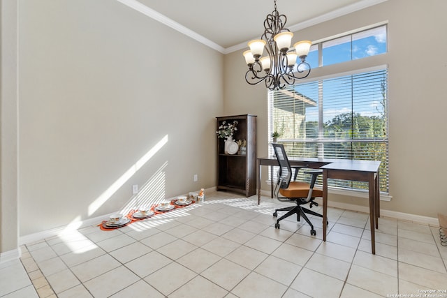 office featuring a notable chandelier, ornamental molding, and light tile patterned floors