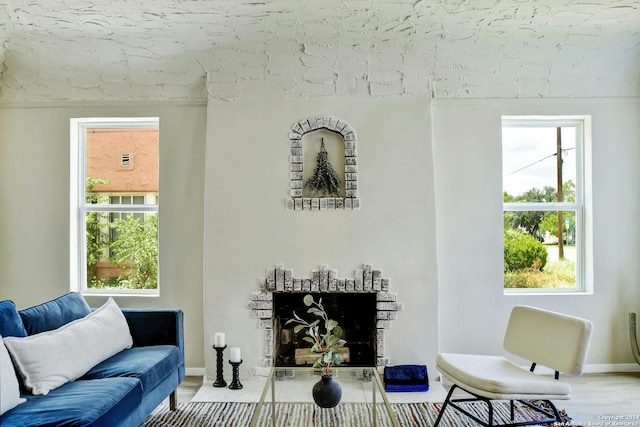 living room featuring wood finished floors, a fireplace, baseboards, and a healthy amount of sunlight