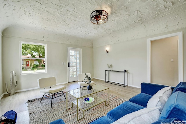 living room featuring light hardwood / wood-style floors and a textured ceiling