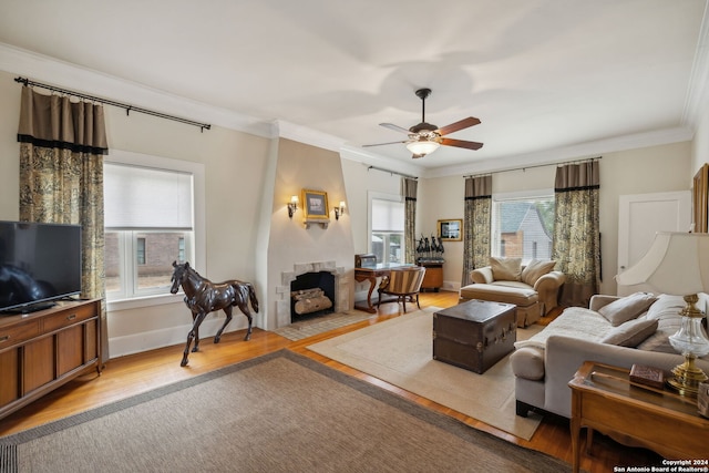 living room with light hardwood / wood-style floors, ornamental molding, ceiling fan, and a wealth of natural light