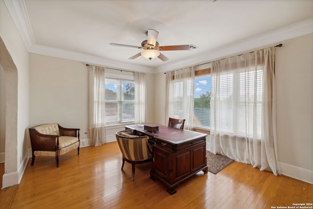 office space featuring light hardwood / wood-style floors, ornamental molding, and ceiling fan