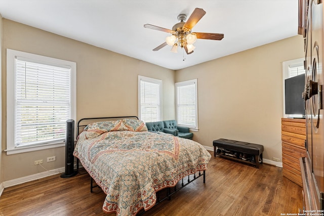 bedroom featuring ceiling fan, multiple windows, and dark hardwood / wood-style flooring