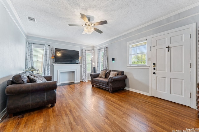 living room featuring crown molding, a textured ceiling, and hardwood / wood-style floors