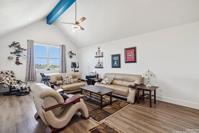 153 W Magnolia Cir, La Vernia, TX 78121 - living room with wood finished floors, beamed ceiling, a ceiling fan, baseboards, and high vaulted ceiling