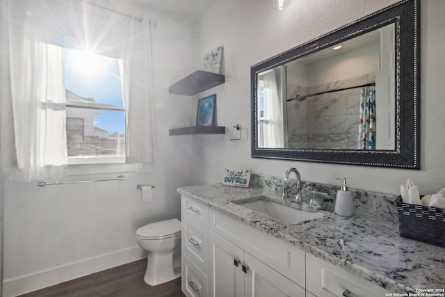 bathroom with vanity, toilet, wood-type flooring, and a shower with shower curtain