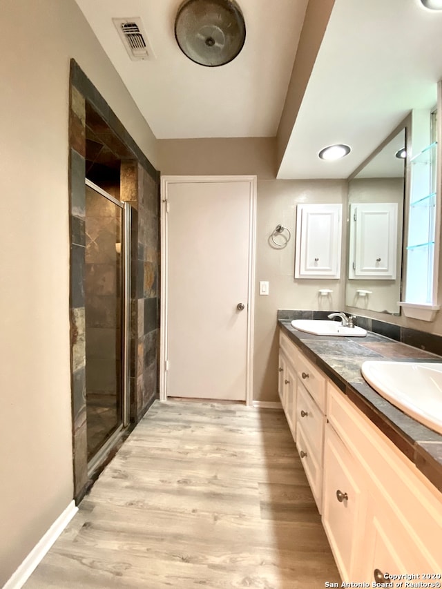 bathroom featuring vanity, hardwood / wood-style flooring, and walk in shower