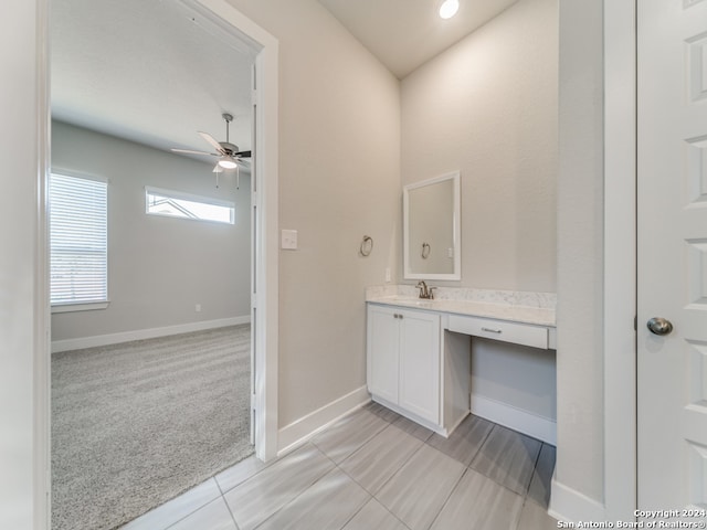 bathroom featuring vanity, ceiling fan, and tile patterned floors