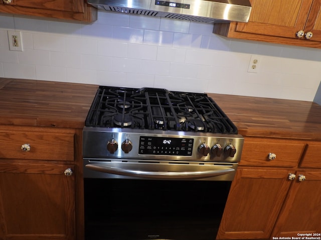 kitchen with high end stainless steel range and backsplash