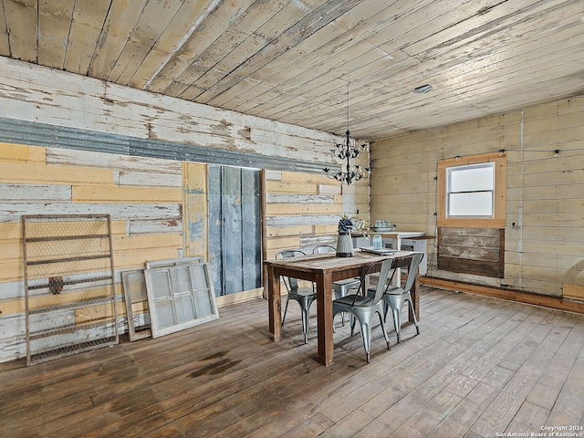 dining space with wood ceiling, hardwood / wood-style flooring, and wooden walls