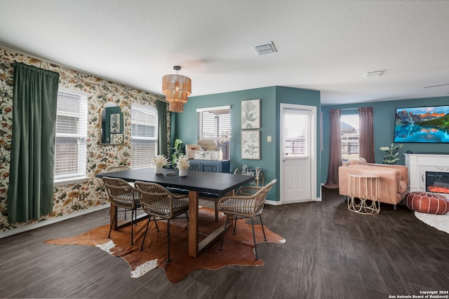 dining space with dark hardwood / wood-style floors, a healthy amount of sunlight, and a textured ceiling