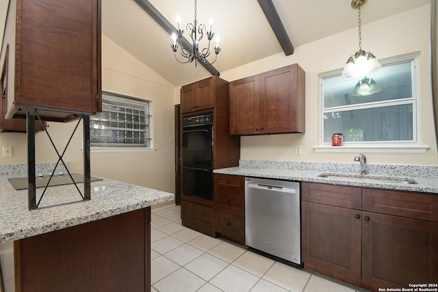 kitchen with light stone counters, stainless steel dishwasher, vaulted ceiling with beams, black double oven, and decorative light fixtures