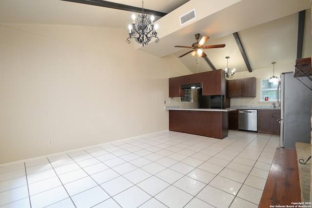 kitchen with appliances with stainless steel finishes, pendant lighting, beam ceiling, high vaulted ceiling, and light tile patterned floors