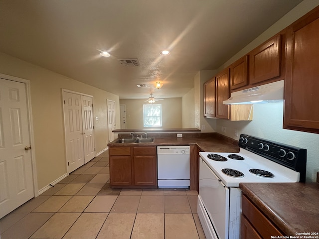 kitchen with kitchen peninsula, ceiling fan, light tile patterned floors, sink, and white appliances