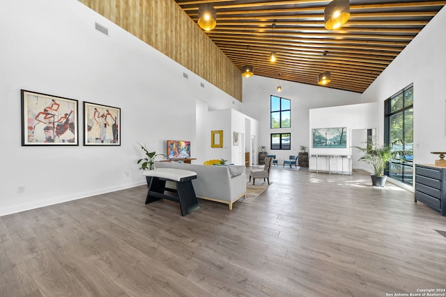 living room featuring a wealth of natural light, hardwood / wood-style flooring, and high vaulted ceiling