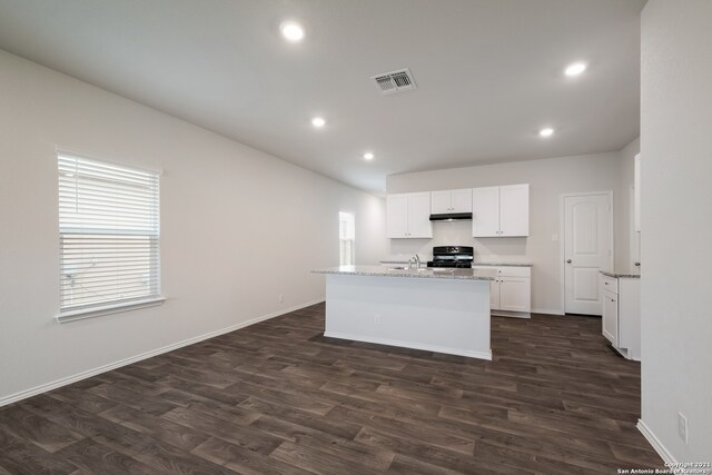 kitchen with a kitchen island with sink, light stone counters, dark hardwood / wood-style floors, and white cabinets