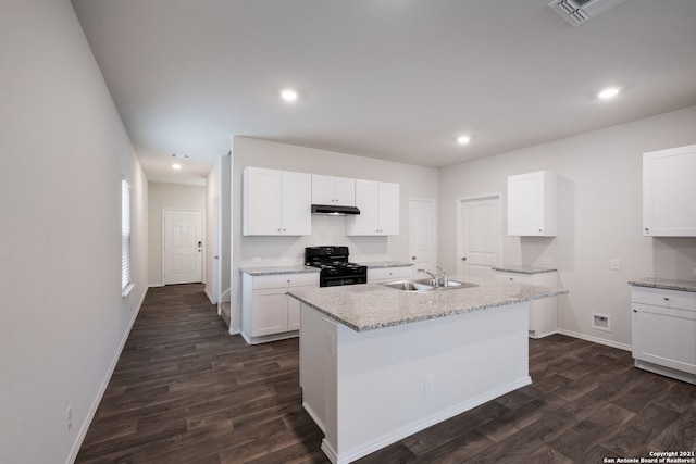 kitchen with white cabinetry, black gas stove, and a kitchen island with sink