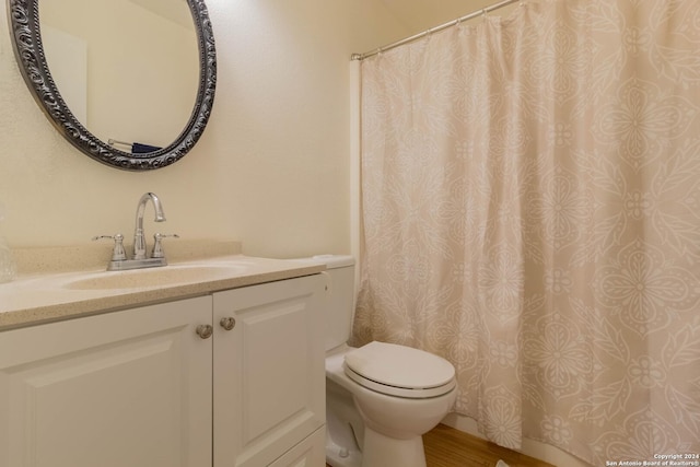 bathroom featuring vanity, toilet, wood finished floors, and a shower with shower curtain