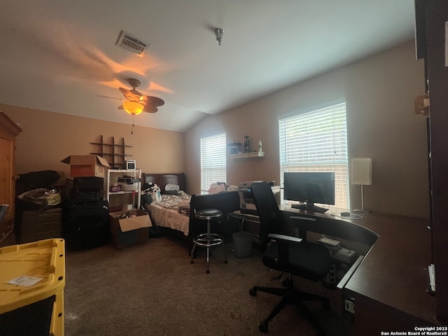 carpeted bedroom featuring lofted ceiling and ceiling fan