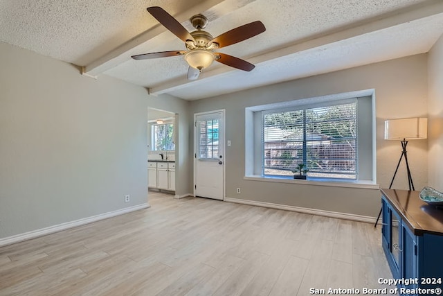 unfurnished living room featuring light hardwood / wood-style flooring, a textured ceiling, beamed ceiling, and ceiling fan