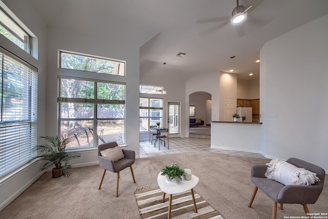 living room with a wealth of natural light, light carpet, and a towering ceiling