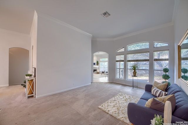 carpeted living room with ornamental molding and a towering ceiling