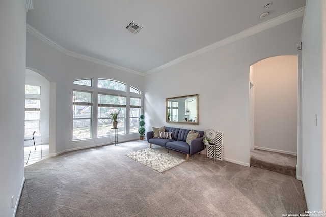 carpeted living room with ornamental molding