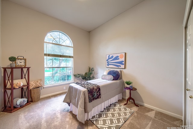 bedroom with carpet flooring and lofted ceiling