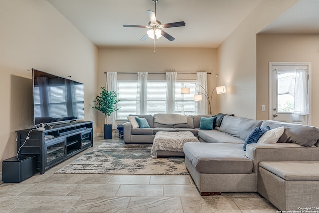 living room featuring ceiling fan