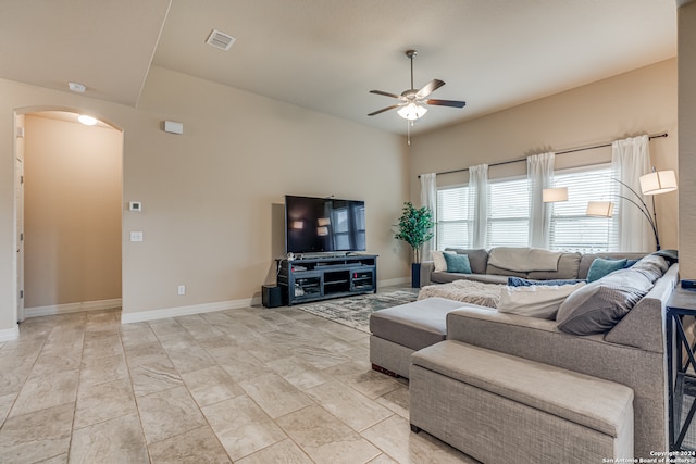 living room featuring ceiling fan