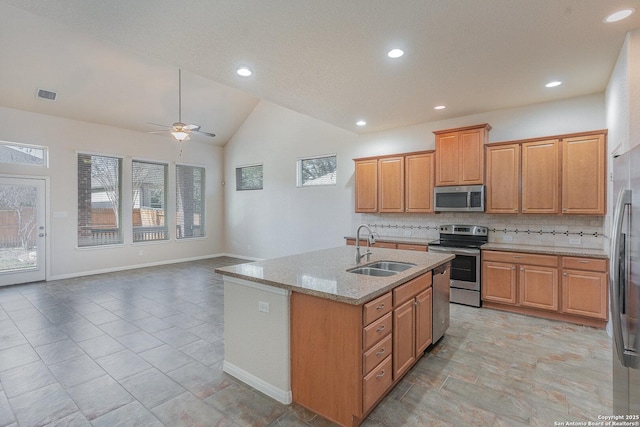kitchen with appliances with stainless steel finishes, a sink, a ceiling fan, backsplash, and visible vents