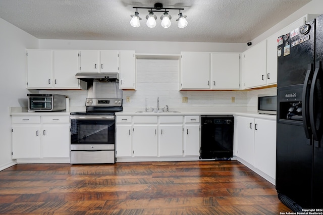 kitchen with dark wood-type flooring, sink, black appliances, white cabinetry, and a textured ceiling