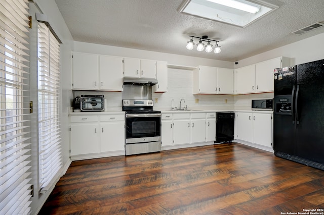 kitchen featuring backsplash, white cabinetry, dark hardwood / wood-style floors, black appliances, and sink