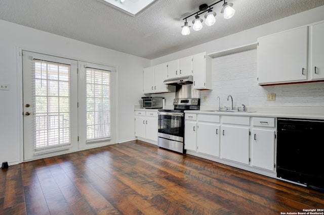 kitchen featuring dishwasher, dark hardwood / wood-style floors, stainless steel range with electric stovetop, sink, and white cabinets