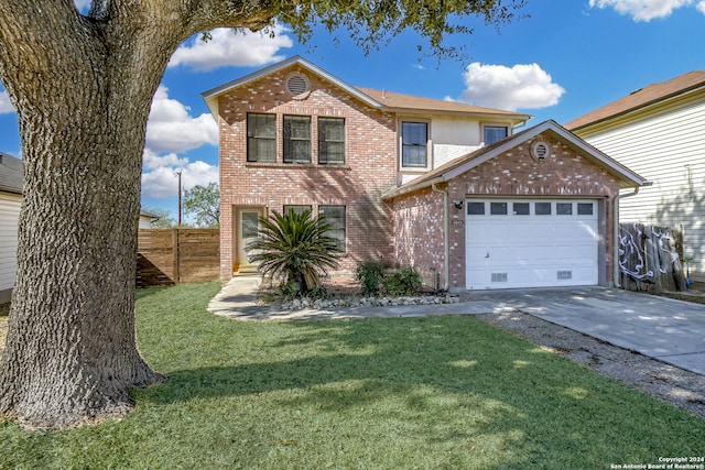 front facade with a garage and a front lawn