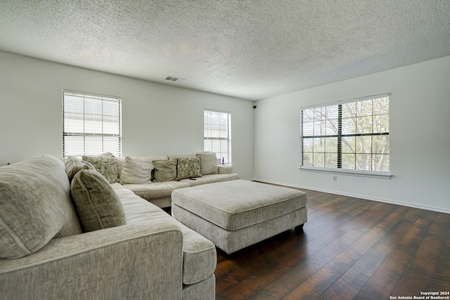 living room featuring a textured ceiling, a wealth of natural light, and dark hardwood / wood-style floors