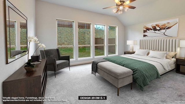 carpeted bedroom featuring vaulted ceiling and ceiling fan