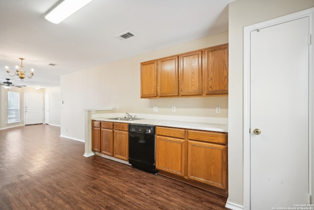 kitchen featuring black dishwasher, sink, ceiling fan with notable chandelier, decorative light fixtures, and dark wood-type flooring