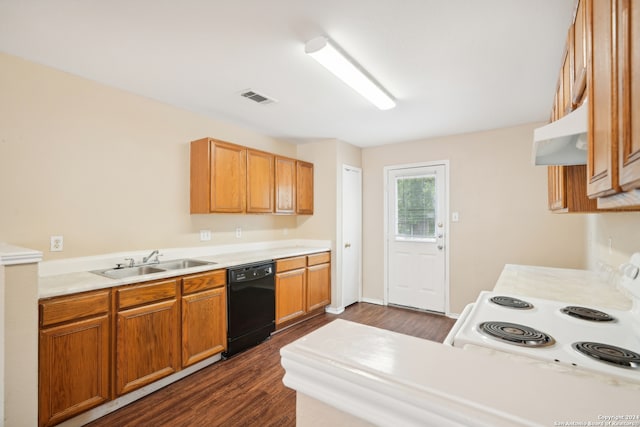 kitchen with sink, dishwasher, electric range, and dark hardwood / wood-style floors