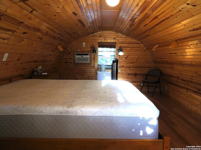 unfurnished bedroom featuring lofted ceiling, dark hardwood / wood-style floors, an AC wall unit, wooden ceiling, and wood walls