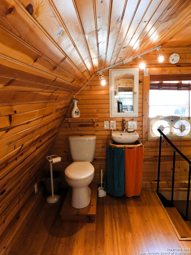 bathroom featuring lofted ceiling, wooden ceiling, wood-type flooring, toilet, and vanity