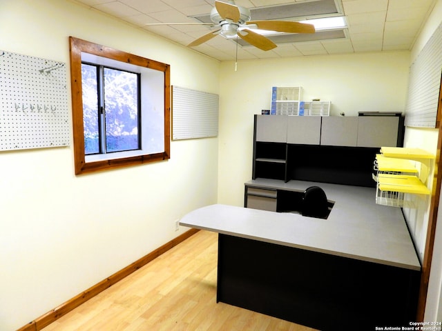 office space with wood-type flooring and ceiling fan