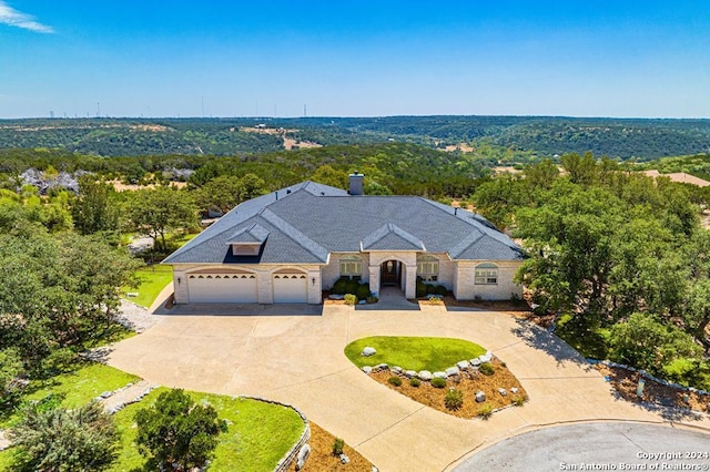 2029 Crown Rdg, Kerrville, TX 78028 - view of front of home with a garage, a chimney, and curved driveway