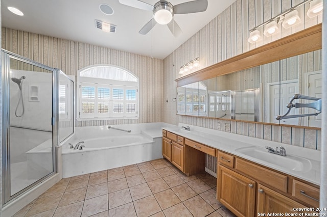 2029 Crown Rdg, Kerrville, TX 78028 - bathroom with wallpapered walls, a sink, visible vents, a stall shower, and a ceiling fan