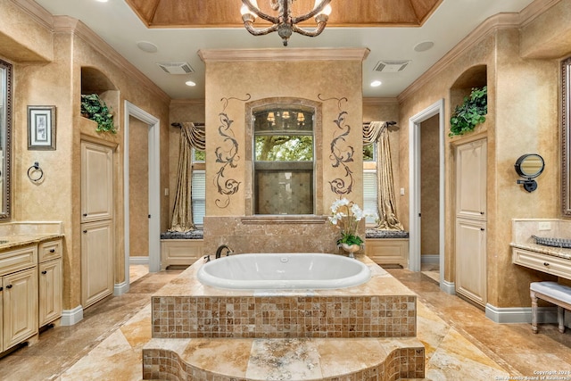 full bathroom featuring ornamental molding, visible vents, baseboards, and a bath