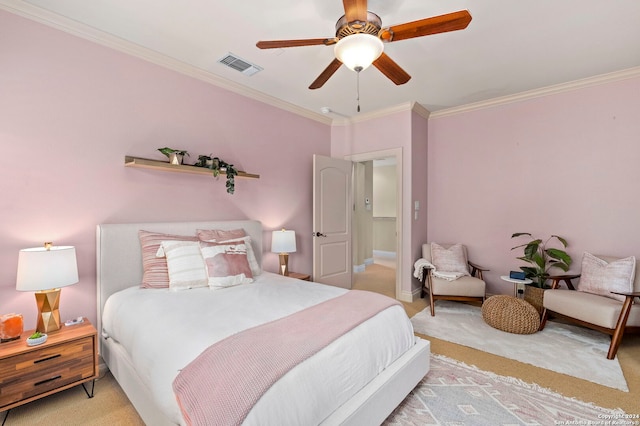 bedroom with visible vents, ornamental molding, a ceiling fan, and light colored carpet