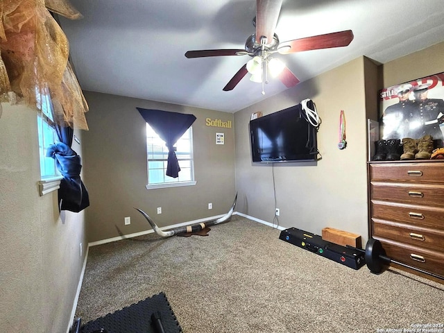 exercise area with ceiling fan and carpet