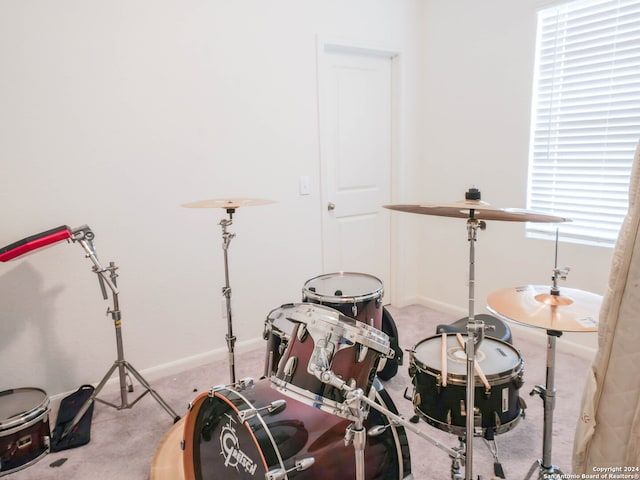 miscellaneous room featuring light colored carpet