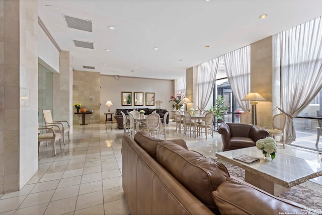 living room featuring light tile patterned flooring