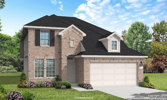 view of front of property with a front lawn and a garage