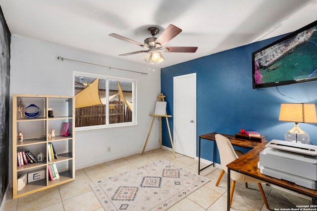 tiled home office with ceiling fan